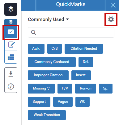 Screenshot of commonly used Quickmarks viewable from Feedback Studio