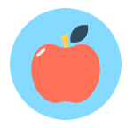 Blue circular background with a red apple icon set in the middle