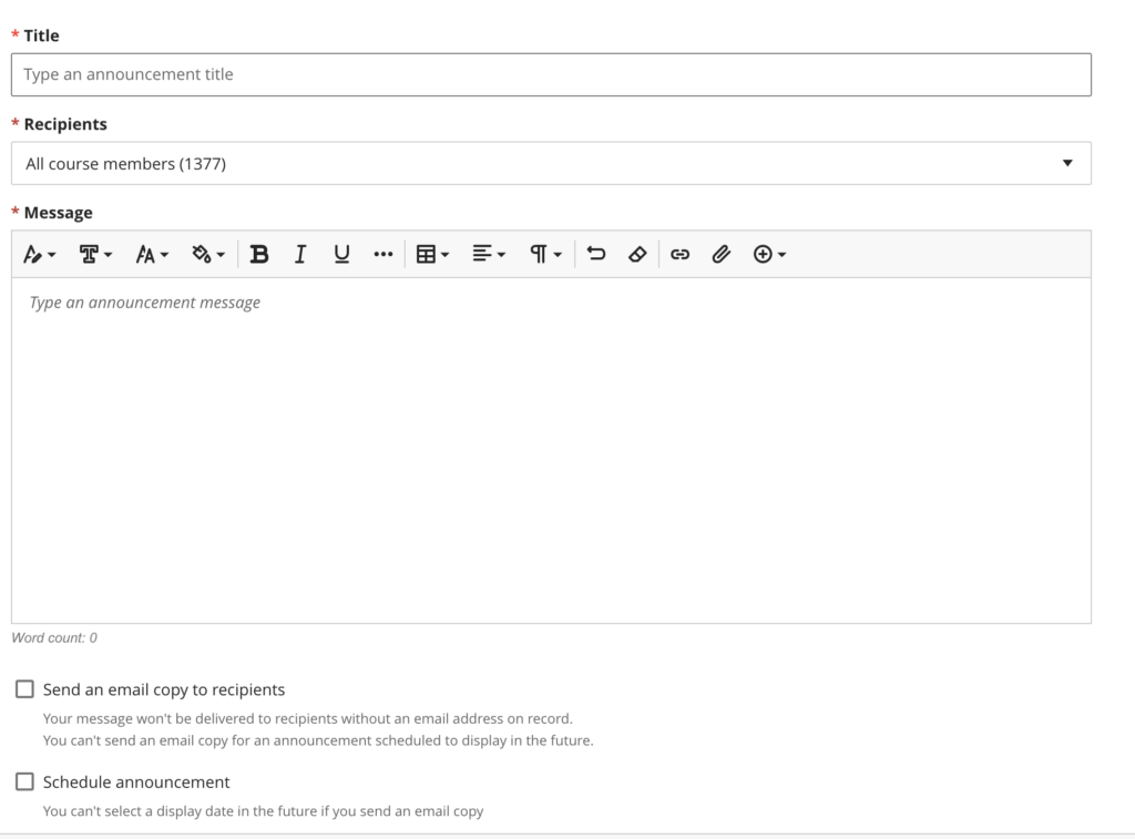 An image of an empty 'Message' in Blackboard Learn Ultra