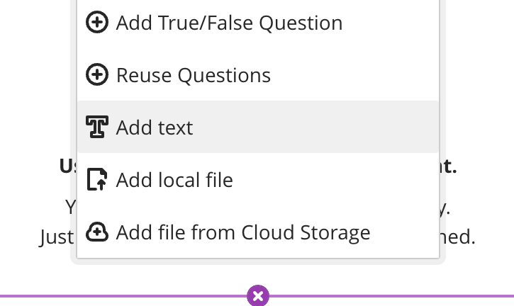 A screenshot showing the Add text option in the Learn Ultra assignment content builder