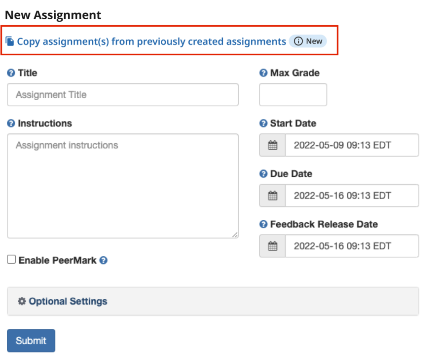 Screenshot of the Create Turnitin Assignment page showing the new option to Copy an Assignment from a previously created one.