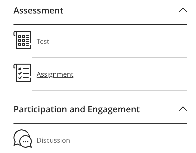 A screenshot of the Assessment selection options in Learn Ultra.