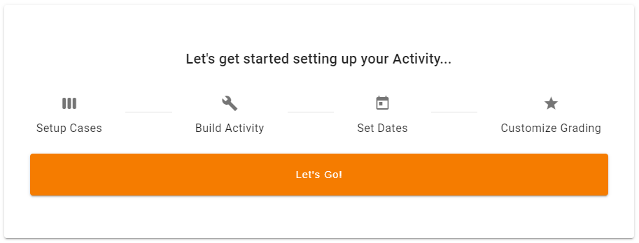 peerScholar activity set up visualising the different stages involved -setup cases, build activity, set dates and customise grading with 'Let's go' button.