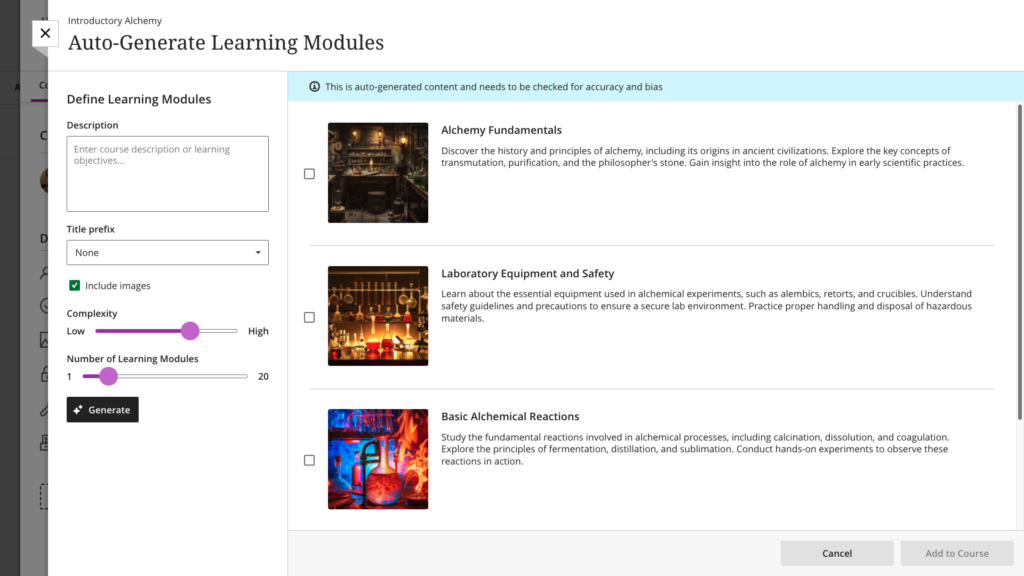 On load the page displays some suggested learning modules, with a banner above asking you to check the content for accuracy. To the left is a panel of options to help you define the learning modules.
