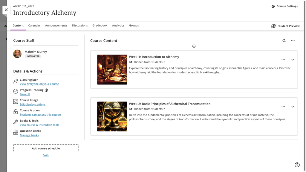 Two of the suggested learning modules now appear on the Course Content page.