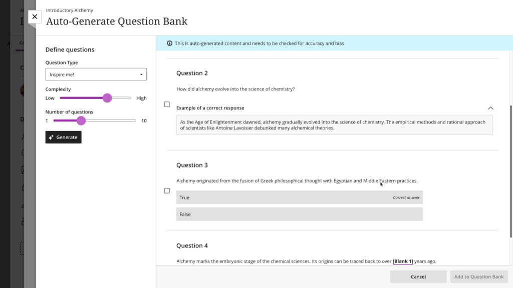 The questions panel contains three inputs: Question-type, a select; Complexity, a slider from low to high; Number of questions, a slider from 1 to 10.