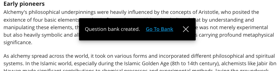 A popup is displayed reading Question bank created, followed by a link titled Go to Bank.