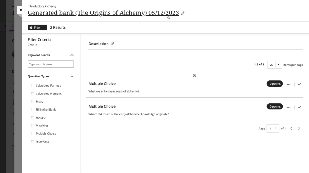 This lists the bank title and all the questions. Down the left hand side is the option to filter the questions by type.