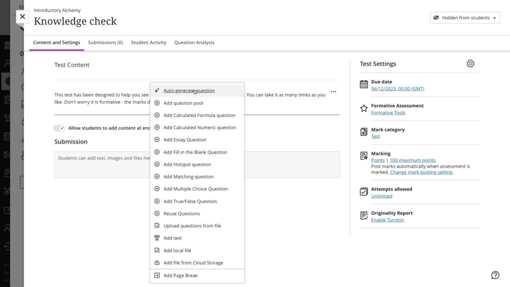 In the test editing canvas, a list of all possible question types is displayed.