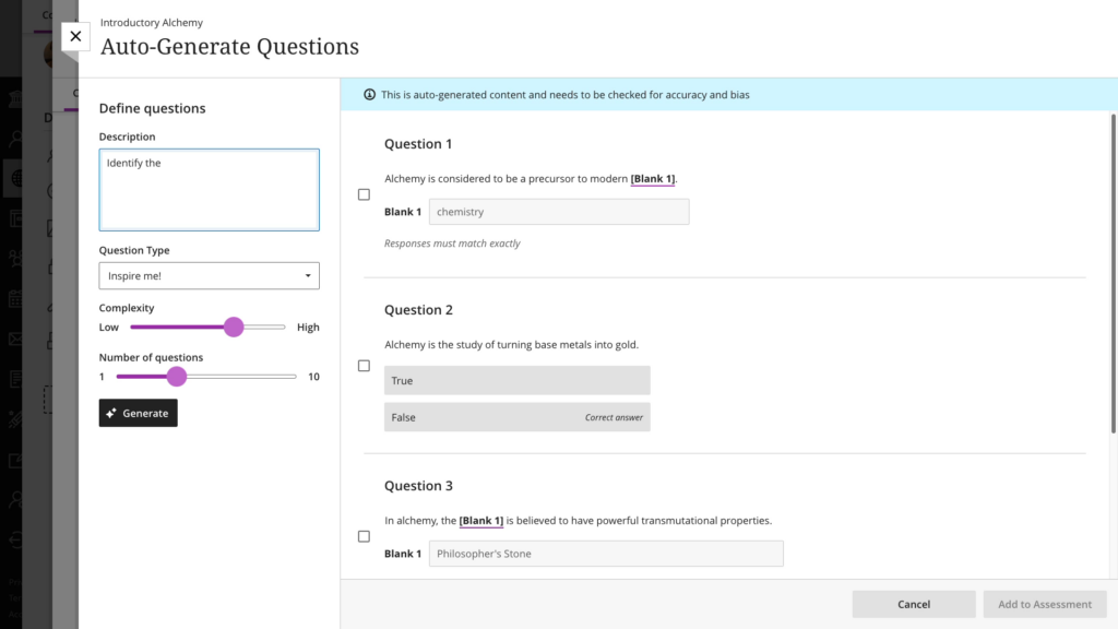 The initial questions generated are a mix of types and many are based on definitions of the words in the course title