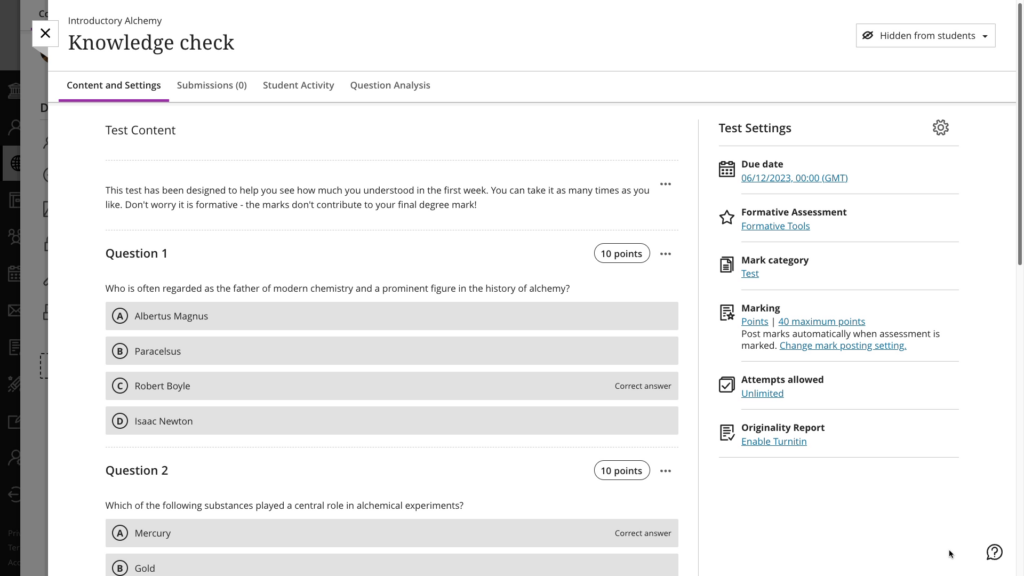 The selected questions now appear on the test canvas, below the existing explanatory text.
