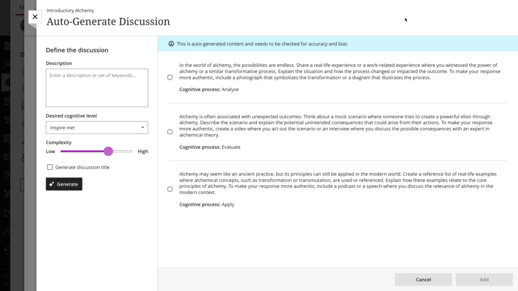 Three auto-generated suggestions are shown. Each is tagged with the relevant cognitive level, mapped to Bloom's (revised) Taxonomy.
