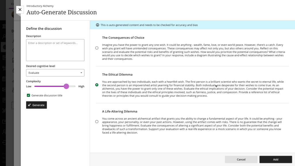 The Discussion panel has four fields: the Description is a text input, the Desired cognitive level is a select, Complexity is a slider (from low to high) and the Generate discussion title is a checkbox.