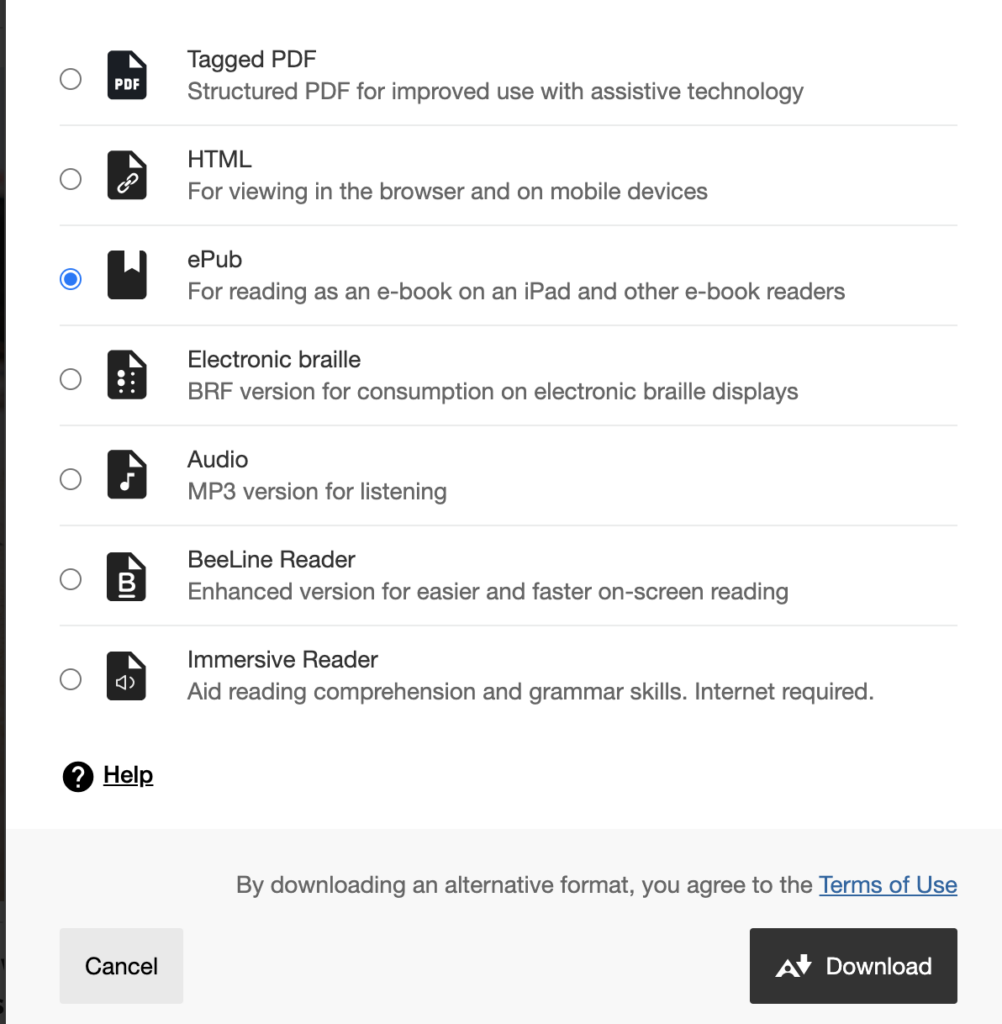 Tagged PDF Structured PDF for improved use with assistive technology HTML For viewing in the browser and on mobile devices ePub For reading as an e-book on an iPad and other e-book readers Electronic braille BRF version for consumption on electronic braille displays Audio MP3 version for listening BeeLine Reader Enhanced version for easier and faster on-screen reading Immersive Reader Aid reading comprehension and grammar skills. Internet required.