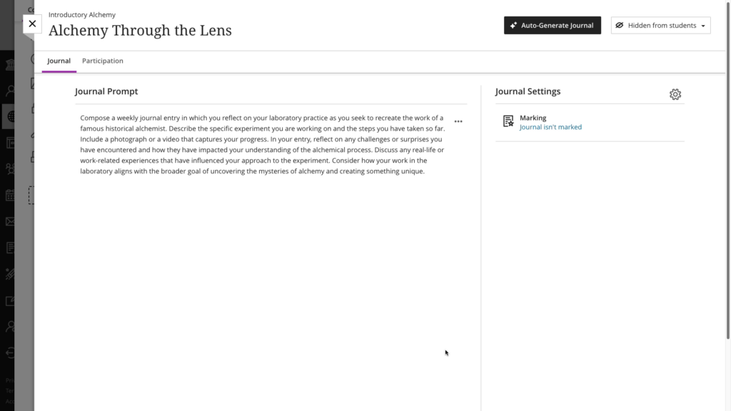 The selected topic and title (Alchemy through the lens) are now displayed in the course, just like any other journal you have created before.