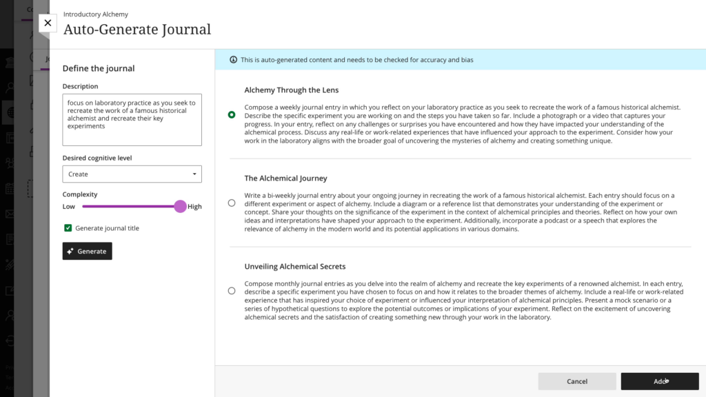 The Journal panel has four fields: the Description is a text input, the Desired cognitive level is a select, Complexity is a slider (from low to high) and the Generate journal title is a checkbox.