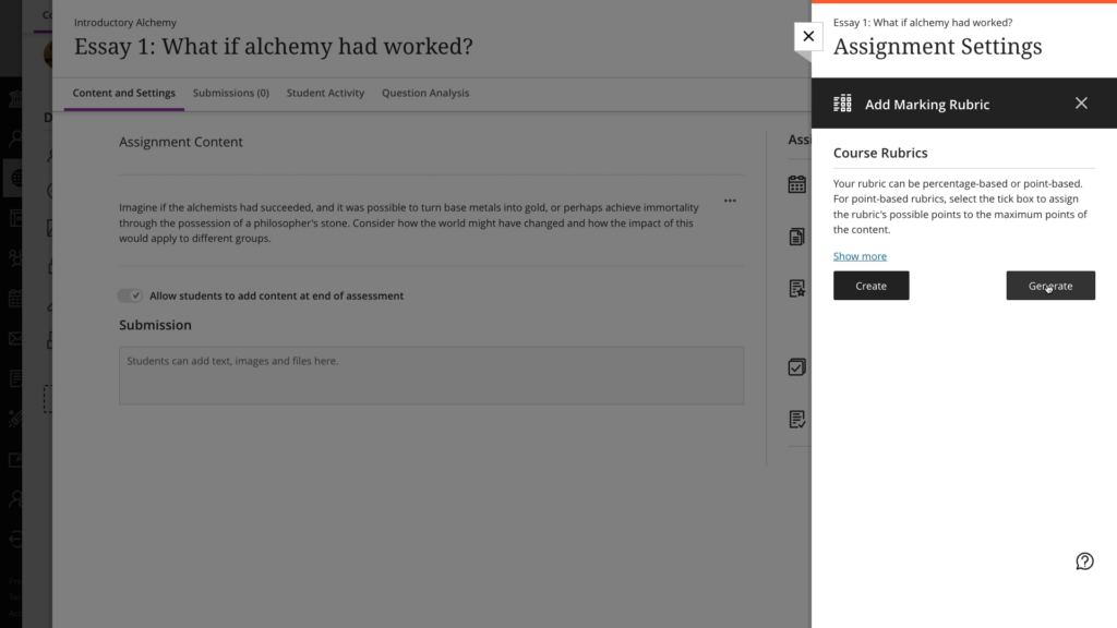 In the Add Marking Rubric section of the Assignment Settings panel, you see two buttons - Create or Generate a Rubric.