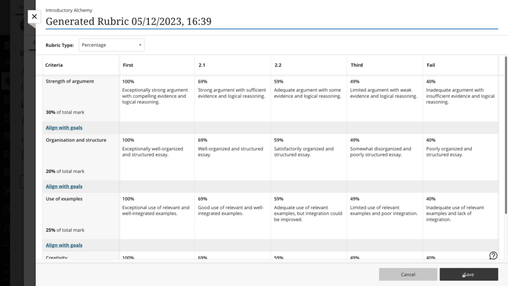 The rubric is now displayed as an editable grid.