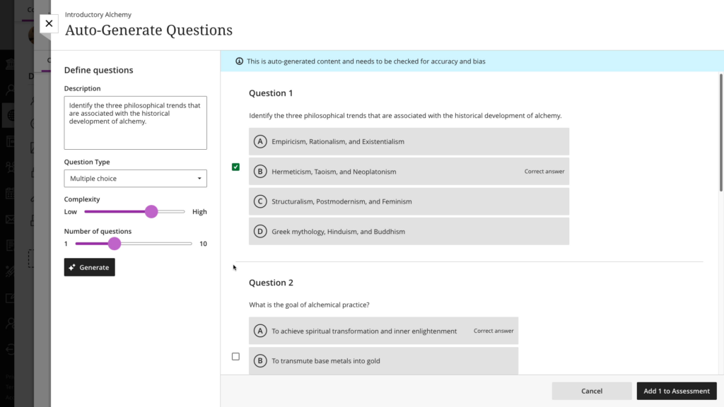 Possible questions are displayed in a list. The first column is a checkbox used to select the question. In this example only 1 is ticked.