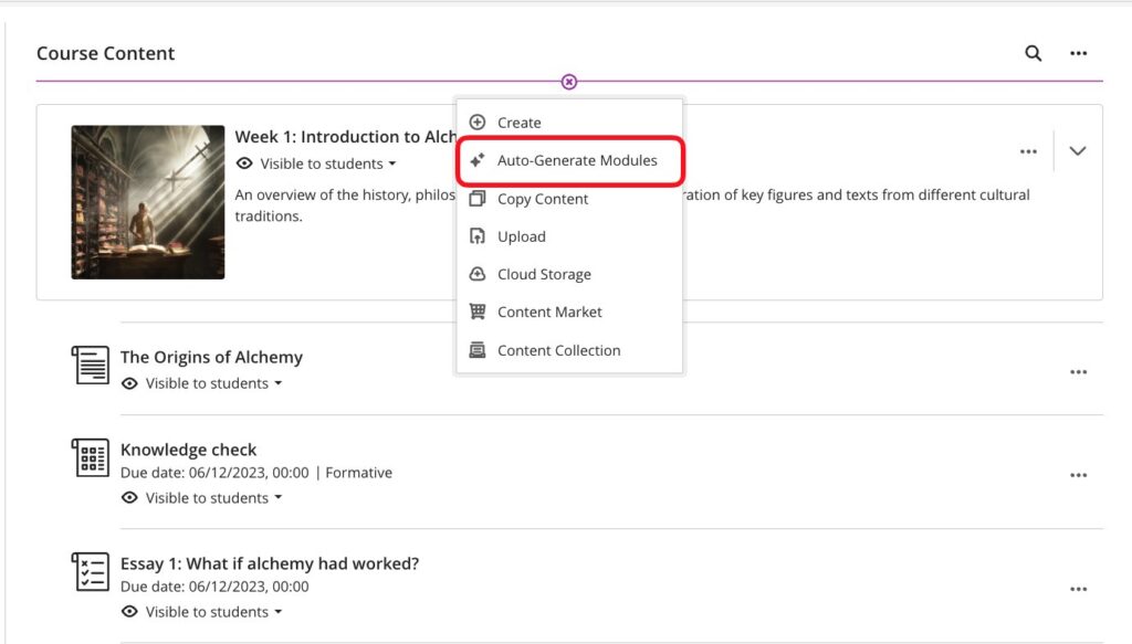 The Add Content menu includes options such as Create, Copy Content, Upload, Cloud Storage, etc. as well as Auto-Generate Modules.