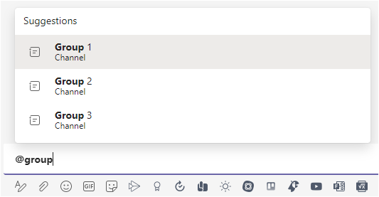 Microsoft Teams text message entry with @group typed and a pop listing suggestions for at mentions