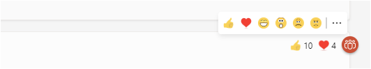Microsoft Teams reactions for a conversation with 10 thumbs up and 4 heart icon and emoji icons to add user's reaction