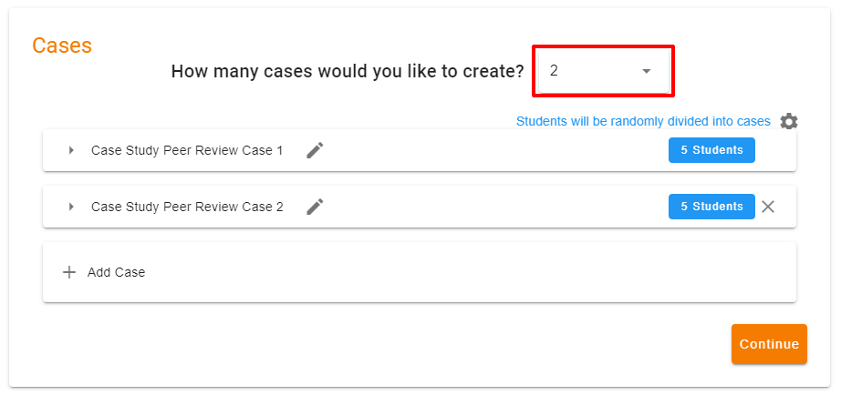 Setup cases page with the dropdown option to select number of cases highlighted.