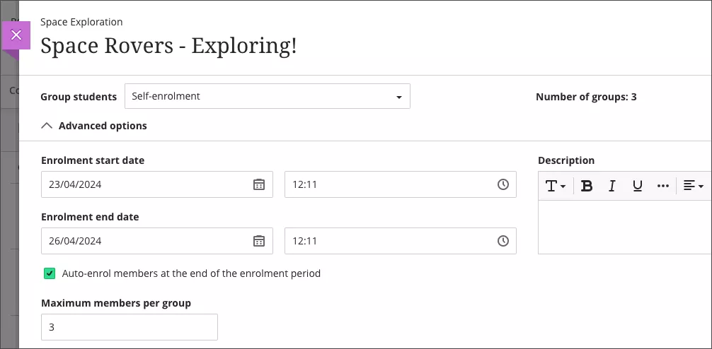 Image indicating where the "auto-enrol members at the end of the enrolment period" box is on the group self-enrol form.