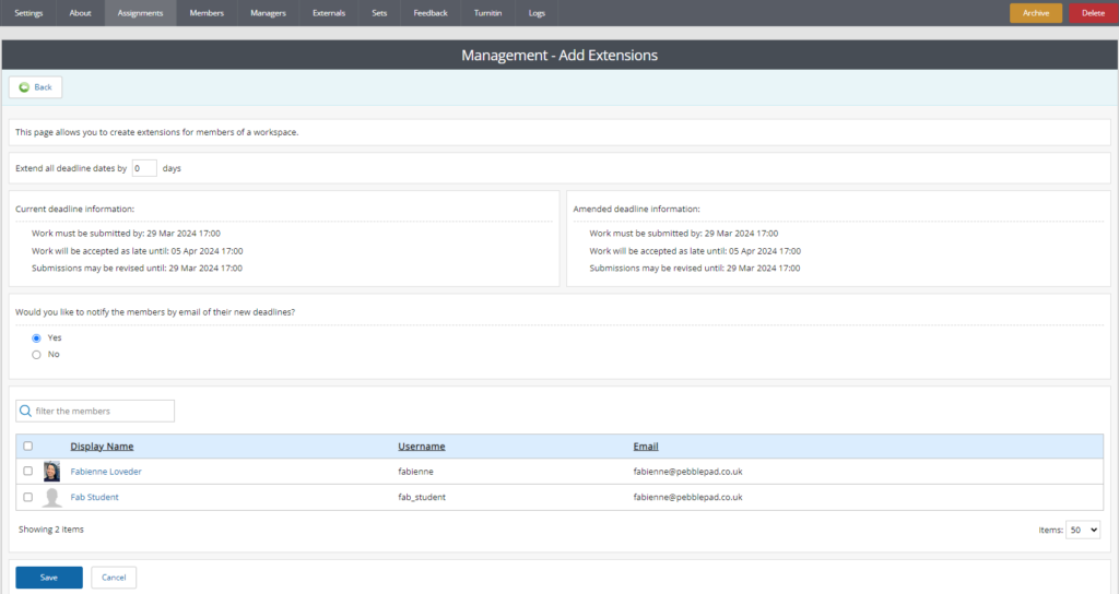 The Add Extensions page from the Assignments Management section.