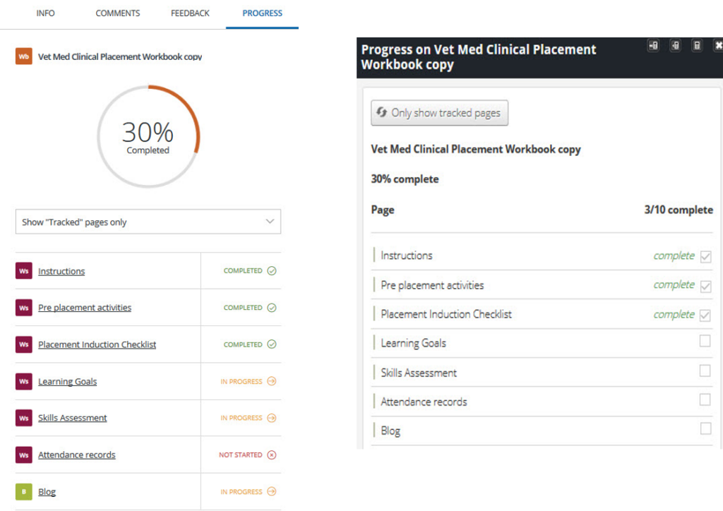 Views of Student Progress tracking for the Student within the Workbook and for the Assessor within Atlas