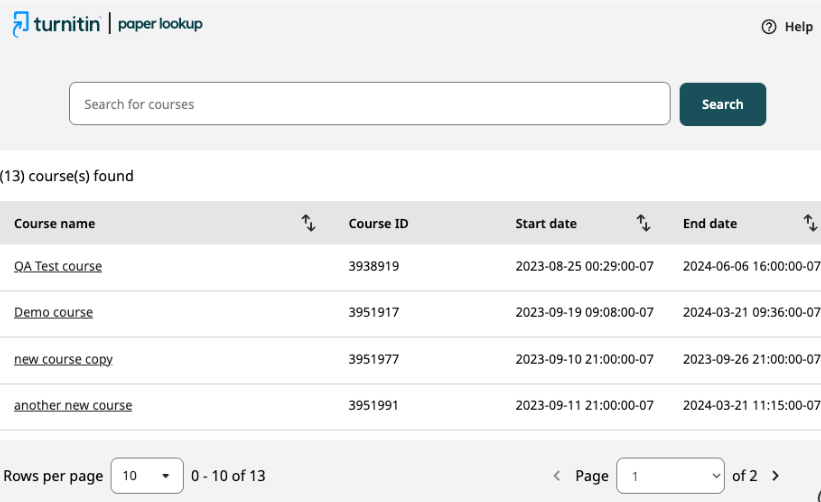 Turnitin Paper Lookup tool showing how to search for courses