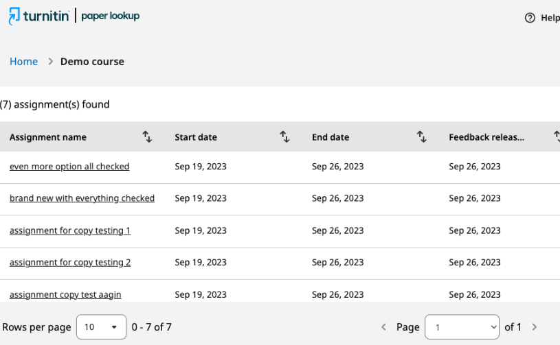 Locating an assignment in the Turnitin Paper Lookup tool