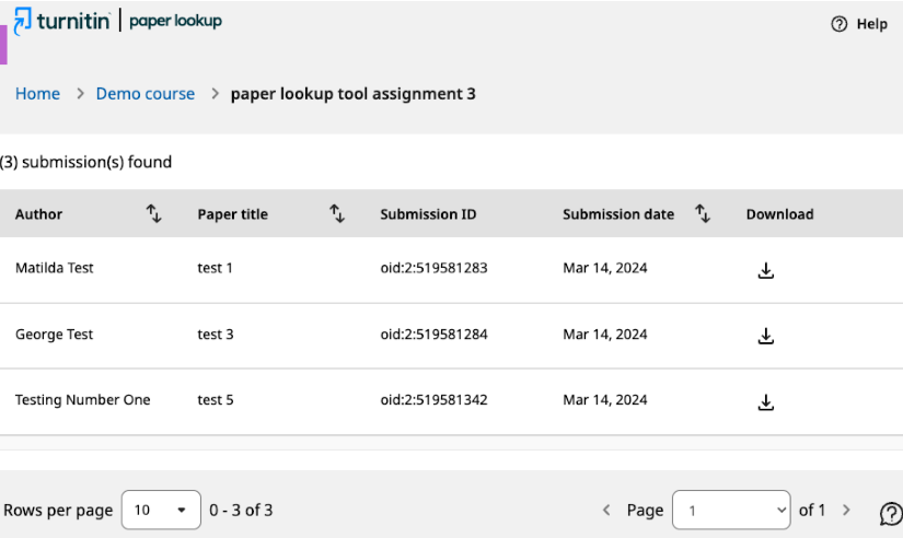 List of students taking an assignment in the Turnitin Paper Lookup Tool