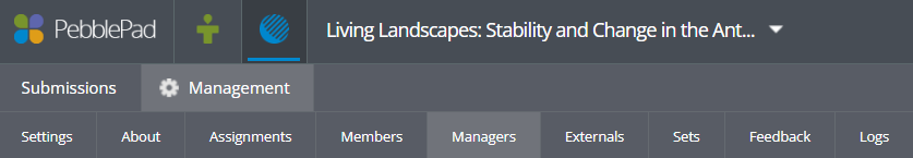 Menu bar in a Pebblepad workspace showing the Management and Managers options