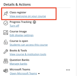 The 'Details and Actions' menu in Learn Ultra with 'View everyone on your course' highlighted.