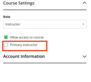 The 'Course Settings' within a Learn Ultra user enrolment, with 'Primary Instructor' highlighted