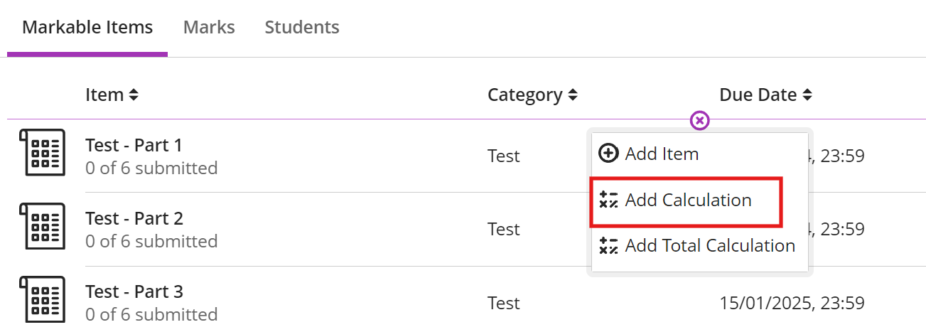 Markable Items in the Gradebook page with the 'Add calculation' highlighted in the pop up