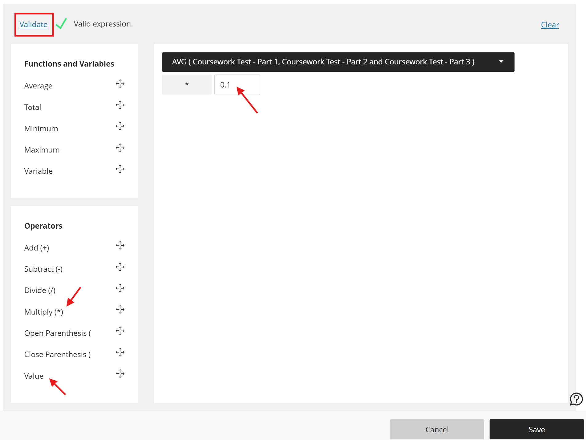 New calculation page with multiply, value highlighted in the option and formula and validate expression highlighted