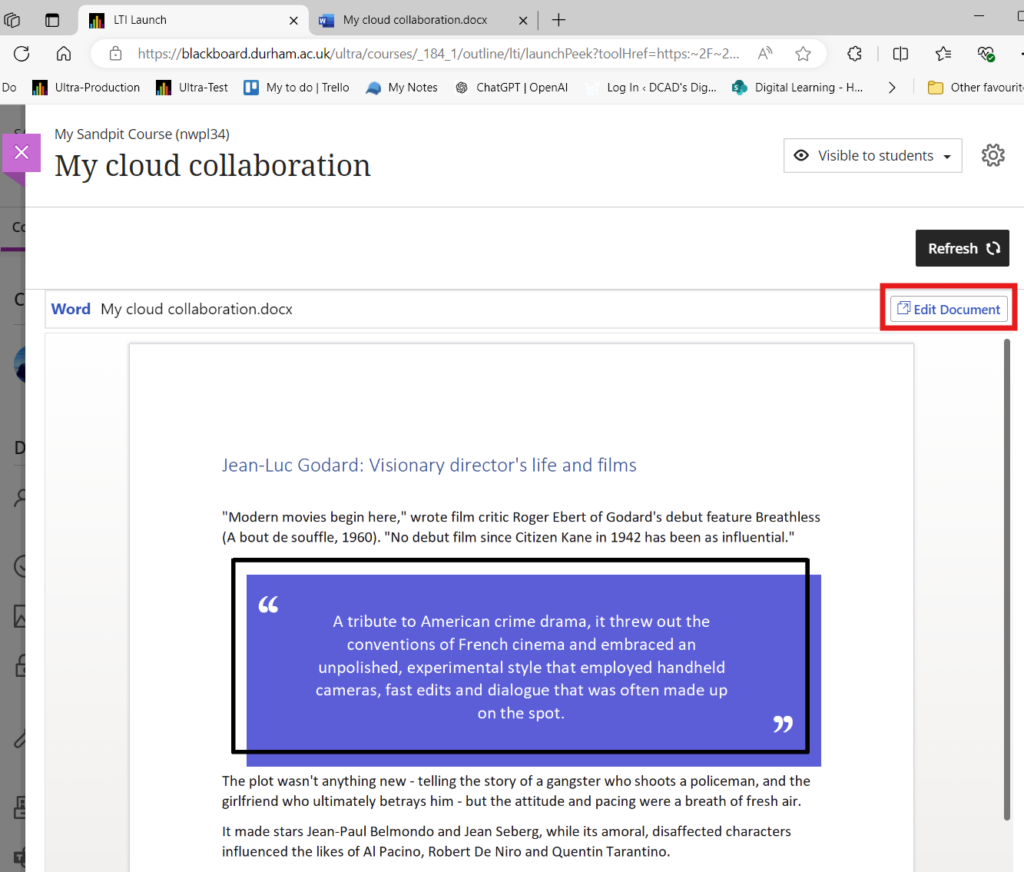 Cloud collaboration document view in Learn Ultra with Edit Document option highlighted