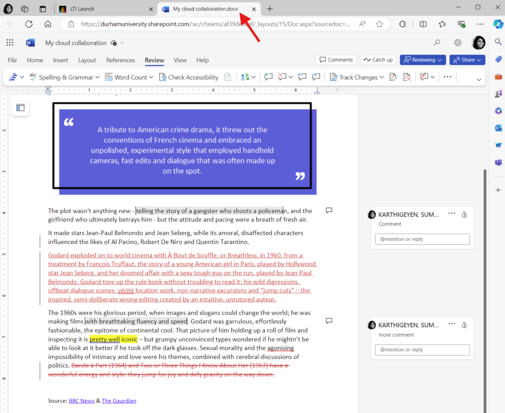 Cloud document open in Word online editor in a new browser tab with edits, comments and changes made to the document visible