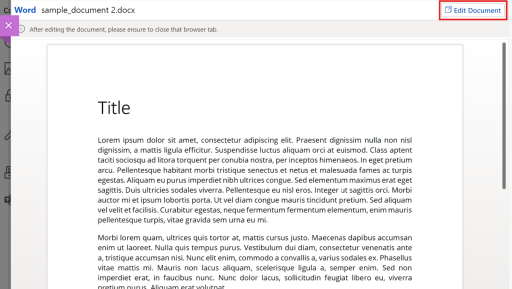 Microsoft OneDrive attachment displays the document in inline with 'Edit document' highlighted