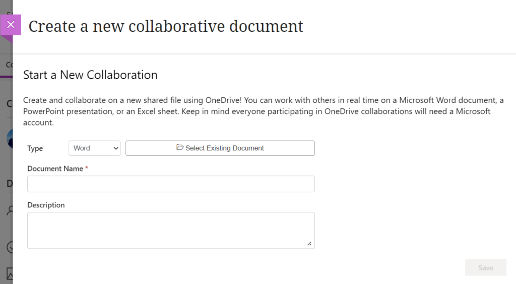 Create new collaborative document page with option to create a blank document or select an existing document