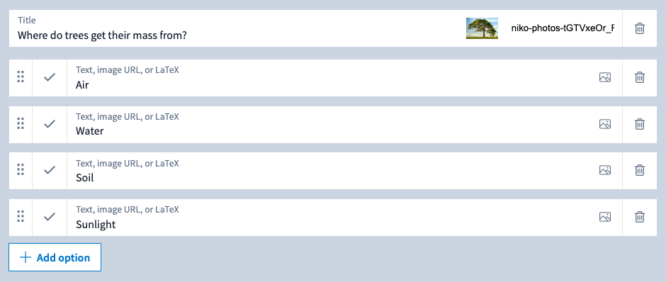 Poll Everywhere multiple choice activity with four possible answers, none of which are set as correct.