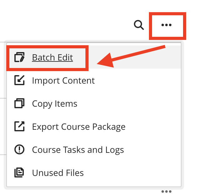 The 'Batch Edit' option in Learn Ultra. The '...' button is highlighted with a band, and an arrow points towards the 'Batch Edit' option, which is also highlighted.