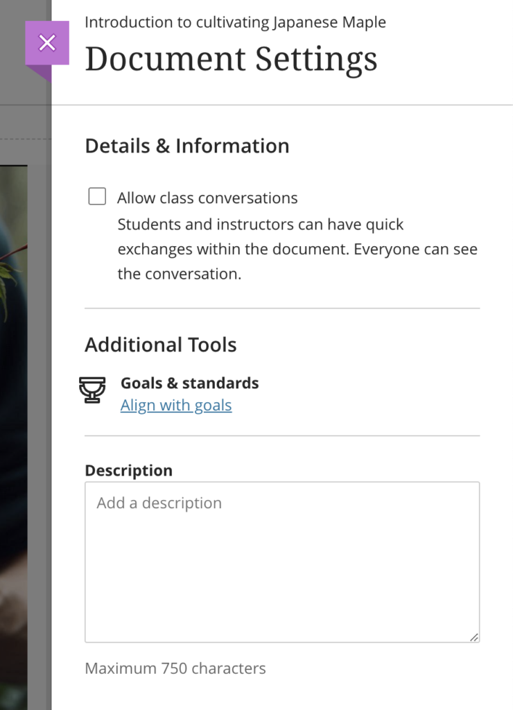 The settings panel for a content item in Learn Ultra, including a box where one may enter a description