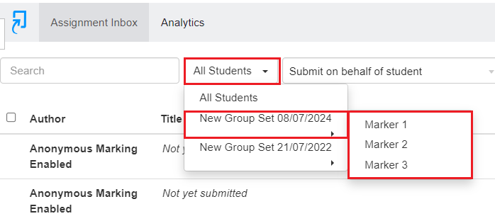 Turnitin showing how to select your group to mark students work. Select All Students drop down - choose the group set and then select the group you want to mark. This acts as a filter.