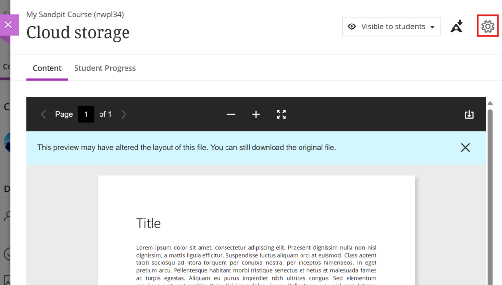 Cloud document embedded inline in a Document item type. Select the cog icon to open the property pane.