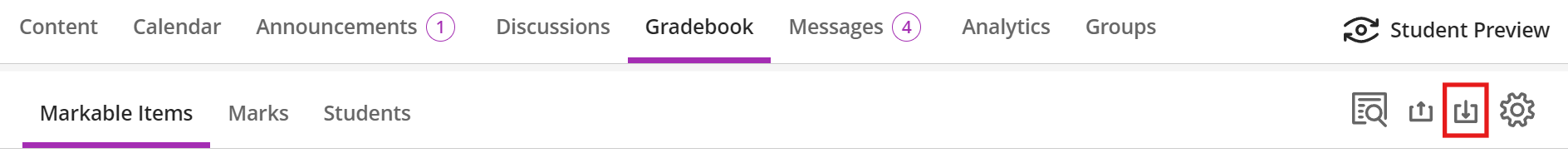 Gradebook page view with the 'Download Gradebook' icon highlighted