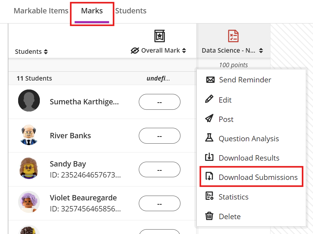 Gradebook page, under Mark view, Download submission highlighted in a pop up for a graded item in the column