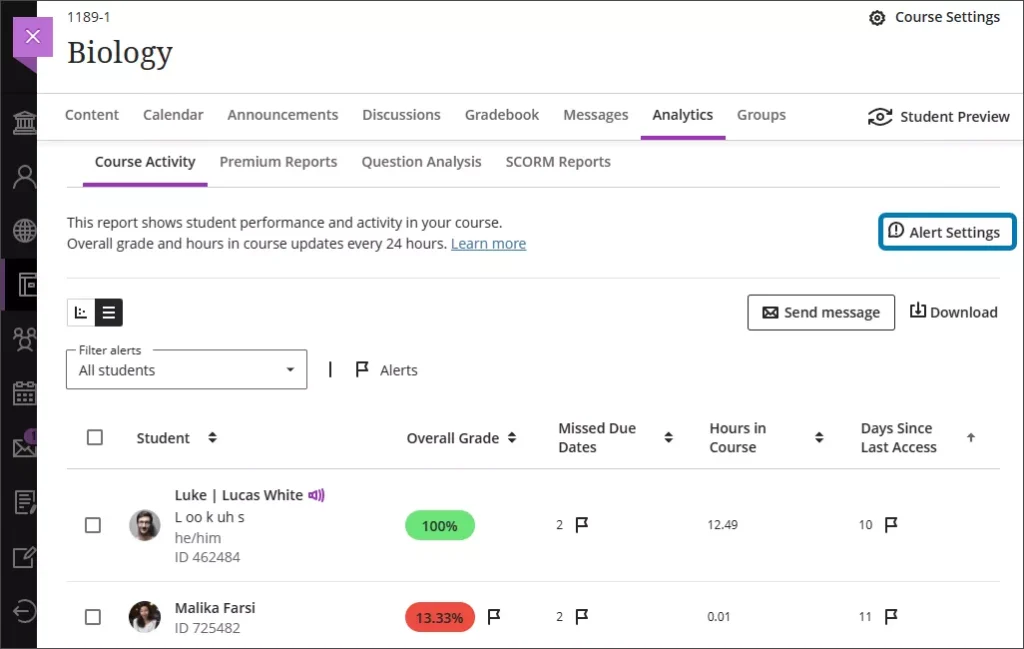 Screenshot showing the location of the alert settings button in Learn Ultra